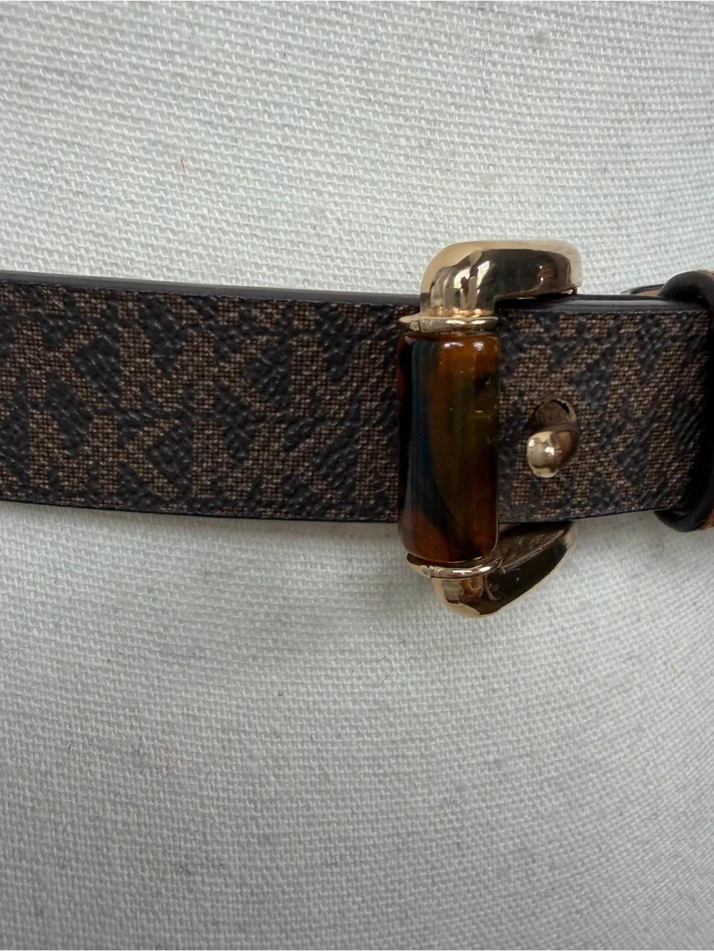 Michael Kors brown Monogram Belt with Gold tone & tortoise shell Buckle sz L